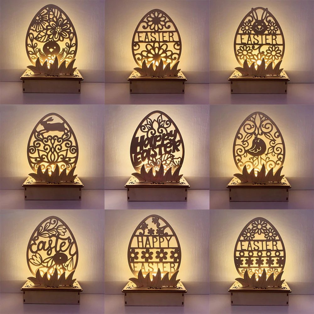 

Happy Easter Decoration Wooden hollow Craft Glowing Easter Eggs Desktop Ornament Light For Home Spring Easter Event Party Decor