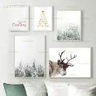 Рождественский зимний плакат страны чудес, нордический минималистический пейзаж, олень, лес, Настенная картина на холсте для декора спальни