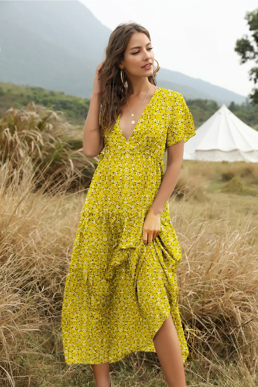 

sexy deep v-neck long dress for women Vintage Adjustable waist boho beach rayon floral print summer Dresses vestidos