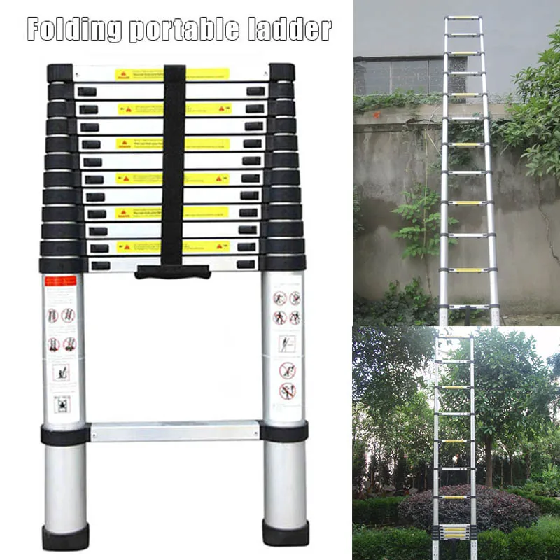 12.5ft 330lbs Capacity 3.8m One Button Retraction Telescopic Extension Step Ladder Aluminum Alloy Folding Multi Purpose Househol