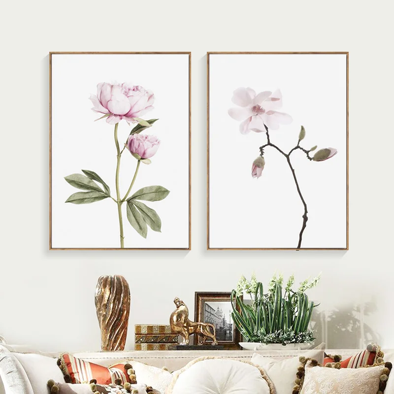 Настенная Картина на холсте зеленые скандинавские плакаты листья розовый цветок