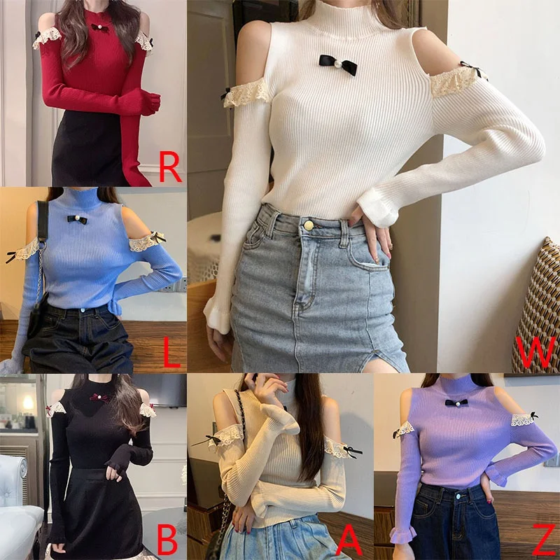

Women Sweet Sweater Gentle Wind Ladies Tops Solid Color Flared Sleeve Off-shoulder Sweater Long-sleeved Sweater New Arrivals