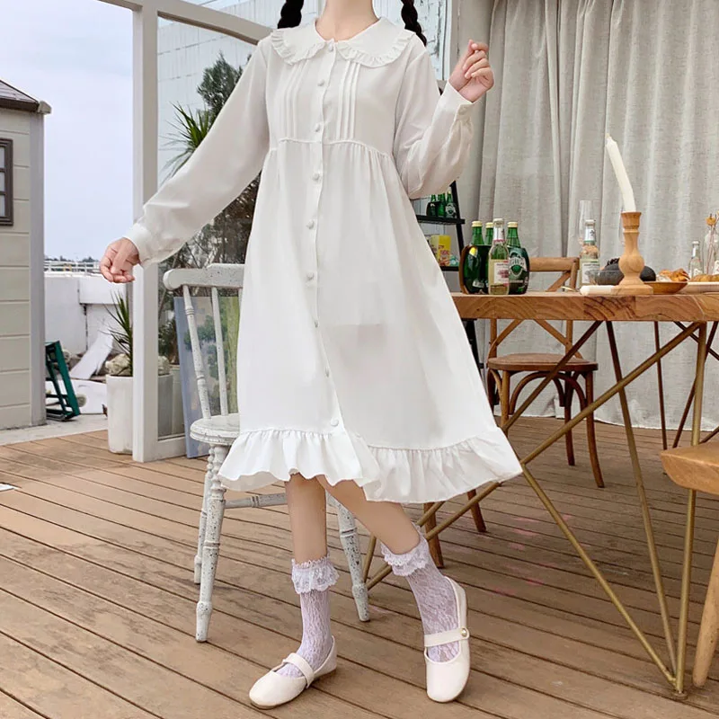 

Autumn New 2020 Japanese Elegant Sweet Kawaii Lolita Style Women Dress Retro Doll Collar Long Dress Sleeve Lady Dresses