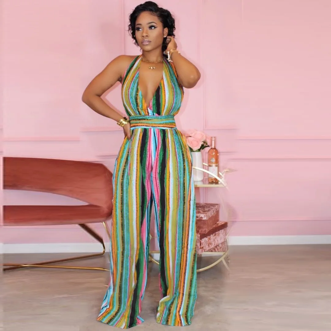 

Wide Leg Pants Jumpsuit Women One Piece Outfits Colorful Stripes Loose Neck Strap Backless Urban Classical Summer Bandage 2021