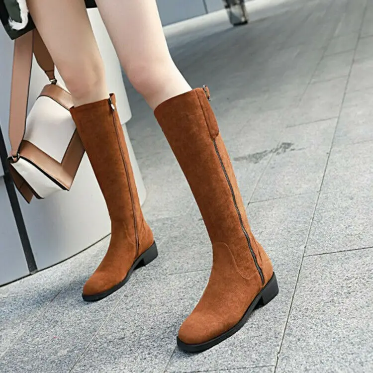 

Women Motorcycle Combat Military Round Toe Low Heel Mid Calf Riding Boots Plus Size