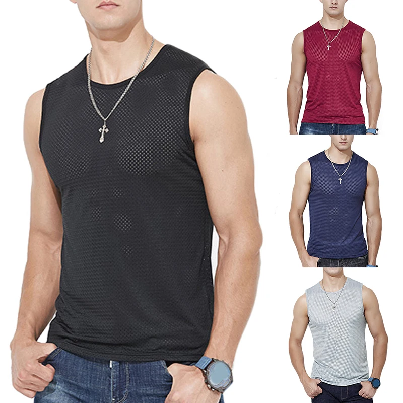 

Men Ice Silk Vest Breathable Thin Casual Mesh Hole Quick-drying Sleeveless T Shirts Outer Wear Vivid Microfiber Singlet