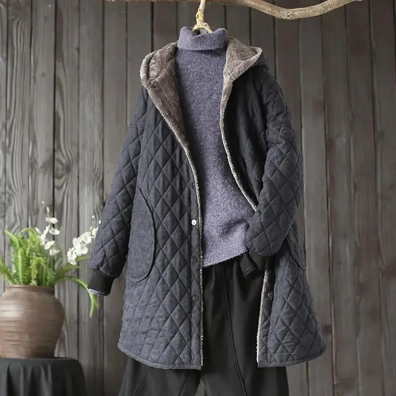 

Femme Winter Coats Women Warm Plaid Wadded Jacket Hooded Thick Oversize Clothing Female Casual Fashion Outerwear Big Pocket