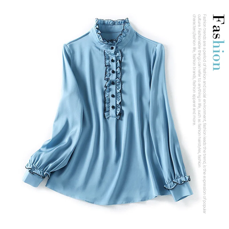 

New mulberry silk shirt collar agaric single breasted long sleeved silk satin shirt jacket female double Joe