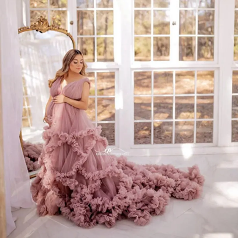

Elegant Blush Pink Tulle Ruffles Maternity Dress Long Tobes Sexy V Neck Open front Pregnant Women Gowns To Photography Plus Size