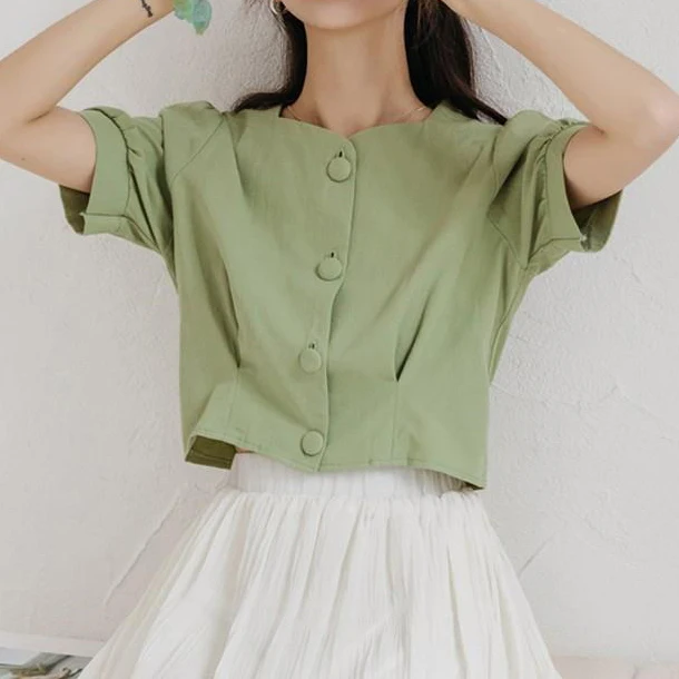 

Рубашка женская с воротником и коротким рукавом, дизайнерский топ из хлопка в французском ретро-стиле, лето 2021