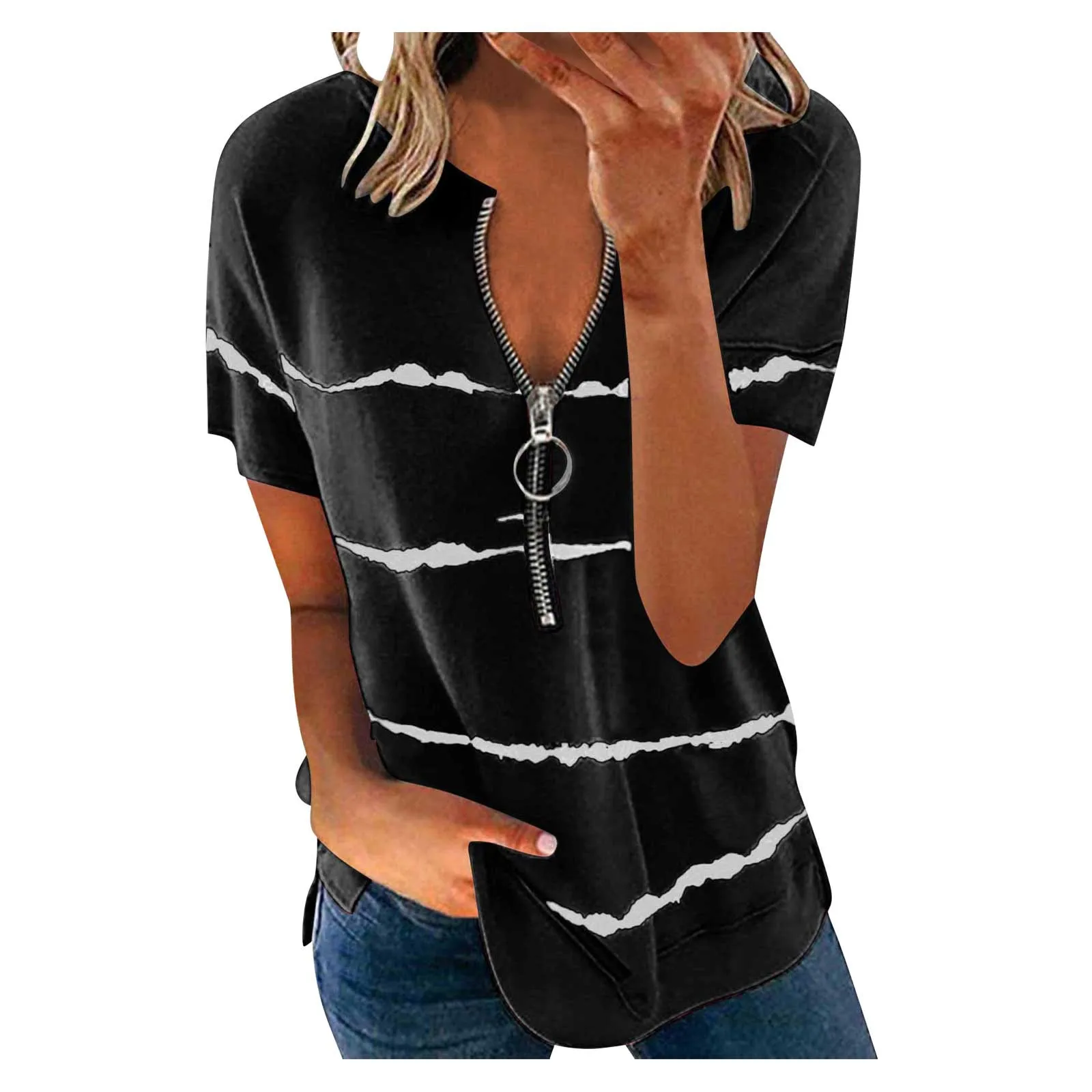 

50# Women Stripe Elegant Zipper Short Sleeves Casual Blouse Boho Streetwear Blouses Summer 2021 Elegant Blouses Shirts