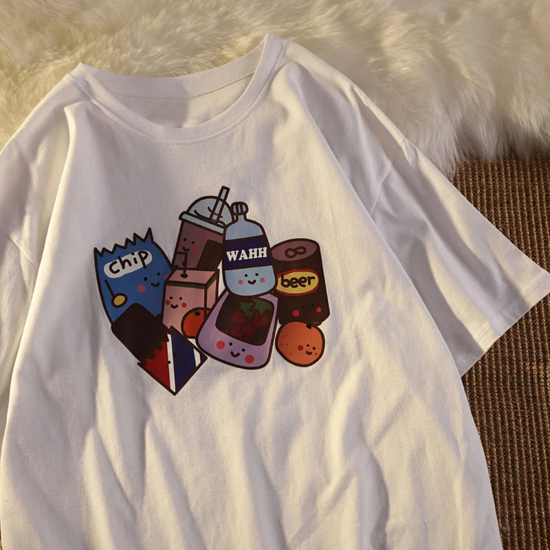 

T-shirt Tops Snacks Printing Vintage Milk Women Summer Clothes Aesthetic Streetwear Kawaii Tshirts 2021 New