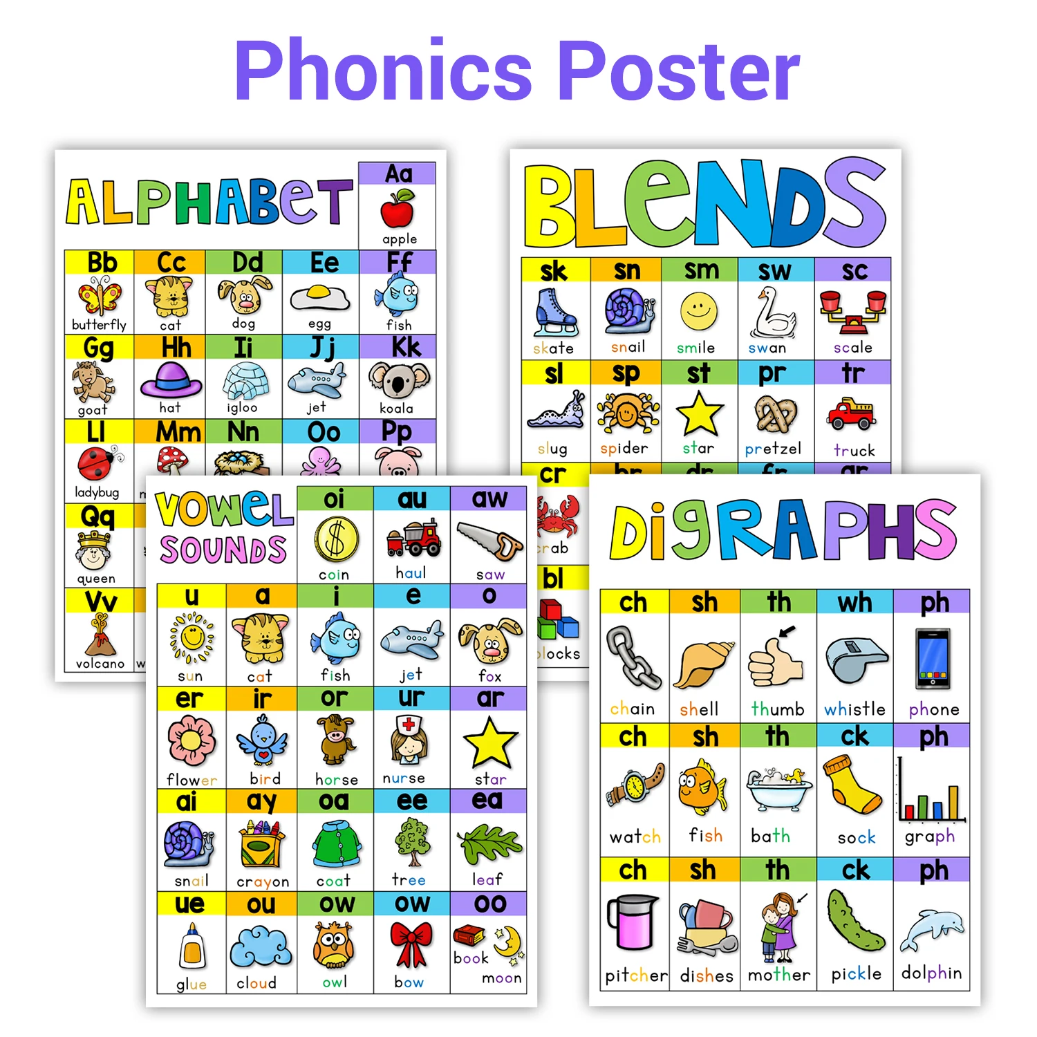 

4Pcs/Set Preschool English PHONICS Natural Spelt A4 Posters Classroom Decoration Early Education Teaching Aids Flash Card