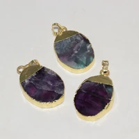 natural fluorite quartz oval pendant for jewelry making 2022 women gem stone green purple slice gold plating female rainbow 5pc