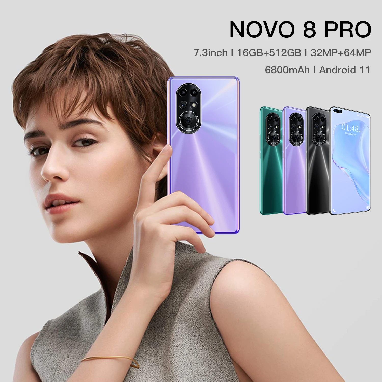 Novo-tel&eacute;fono inteligente 8 Pro, dispositivo con desbloqueo Global, Pantalla Completa HD de 7,3 pulgadas, 16GB, 512GB, Android 11, c&aacute;mara de 32 + 64MP, Bater&iacute;a grande de 6800mAh-4