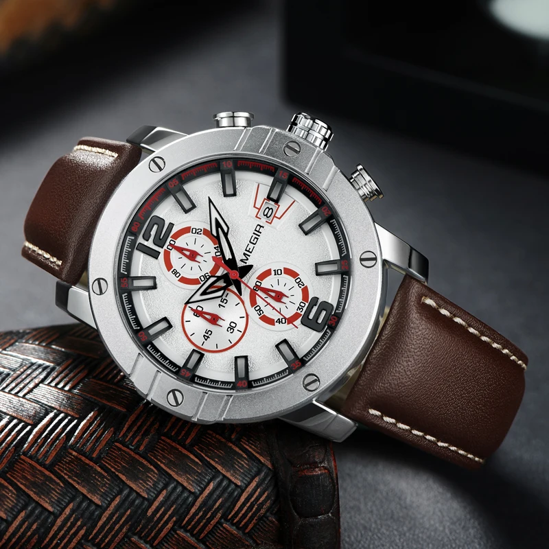 MEGIR Мужские часы с кожаным ремешком Топ бренд класса люкс водонепроницаемый