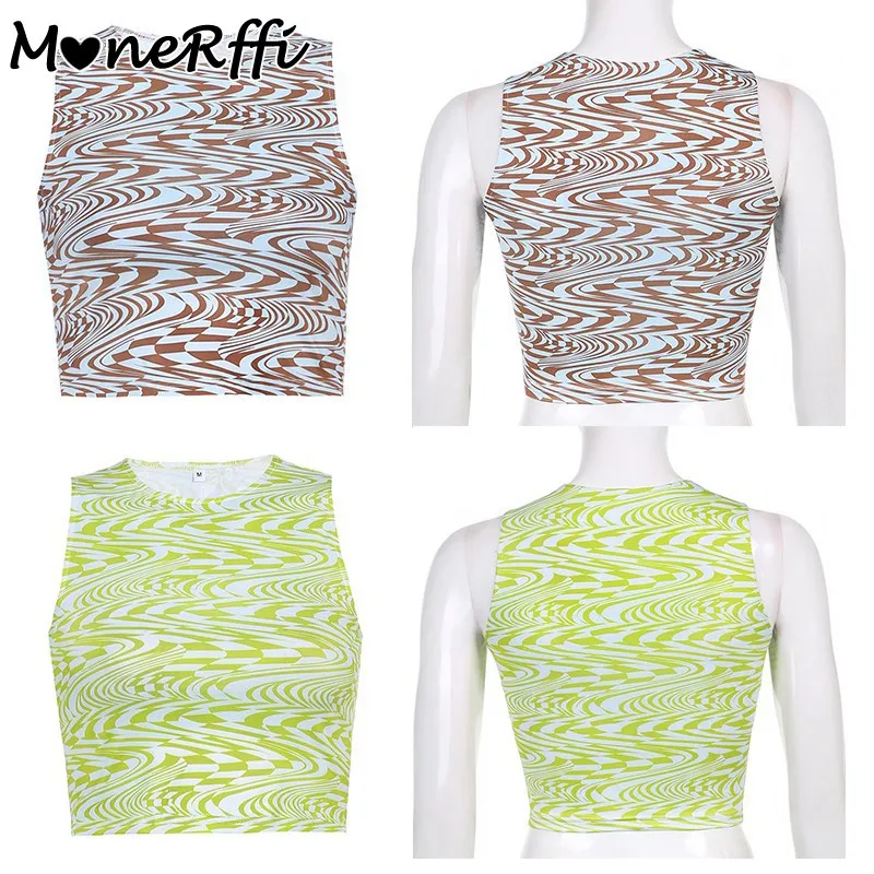

MoneRffi Printed Camis Y2k Aesthetic Crop Top Sleeveless Skinny Tank Top O Neck Summer Sporty Tops Streetwear Corset Sweats 90S