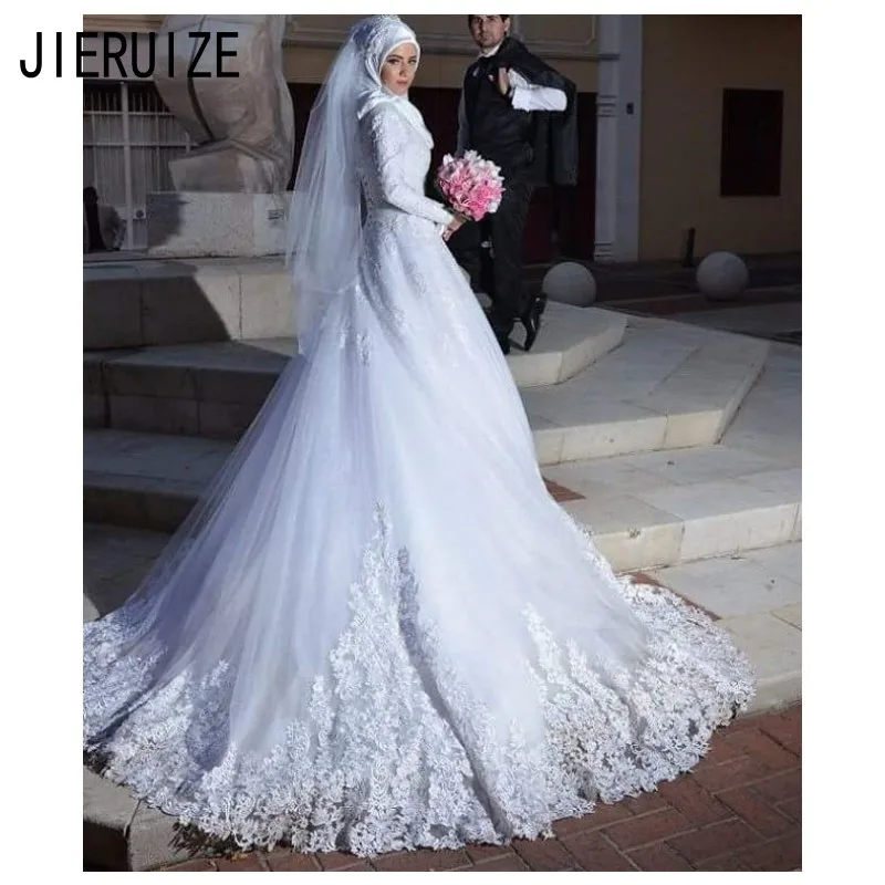 JIERUIZE винтажные мусульманские свадебные платья длинные рукава высокая горловина