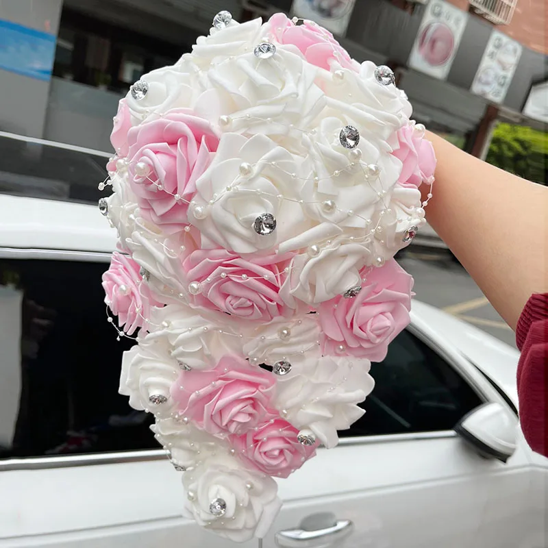 Длинные водопад Новый Букеты свадебные туфли невесты жемчужные стразы в форме