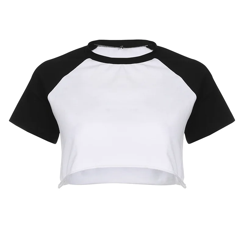 

Fashion Contrasting Color Crop Top O-Neck Short Sleeves Women Casual Pullover Cotton Tees 2021 Summer Streetwear Cool Girls Y2K