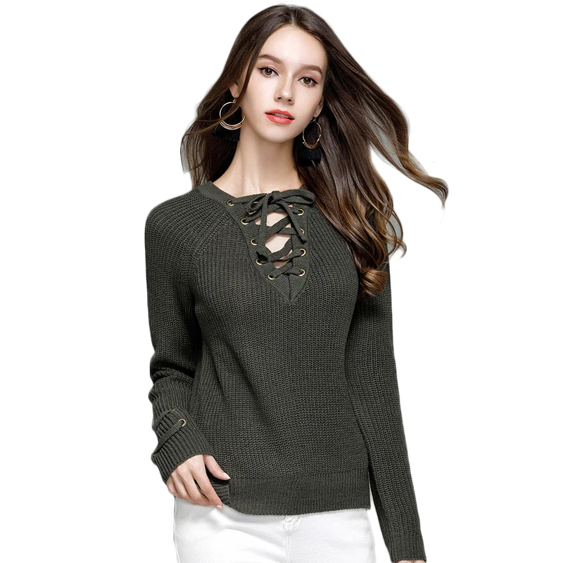 WHZHM Winter Lace Up Sweater Women Long Sleeve Pullover Female Basic Casual Loose Tops Bandage Jumper YH-0607135 | Женская одежда
