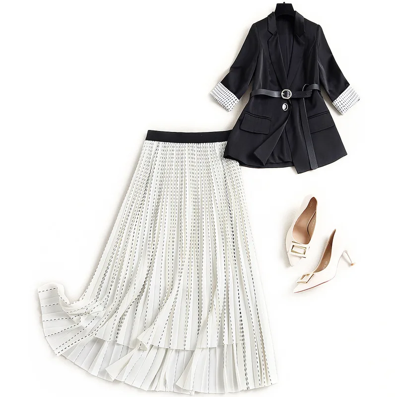 

Женские Черный сатиновый Блейзер костюм с поясом Верхняя одежда Весна 2021 для офиса с эластичной резинкой на талии, гофрированные длинные юб...