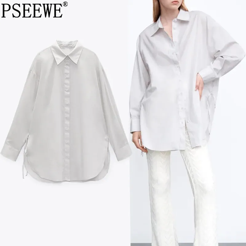 

PSEEWE Za Grey Oversized Shirt Women Collared Button Up Shirt Woman 2021 Fashion Vents Long Sleeve Blouse Casual Summer Top