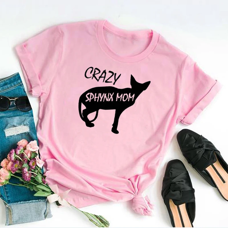 Crazy Sphynx Cat мама мамочка мама женский короткий рукав Топ Tees90s Хлопок Забавный буквенный принт графическая футболка с круглым вырезом Прямая поставка - Цвет: Розовый