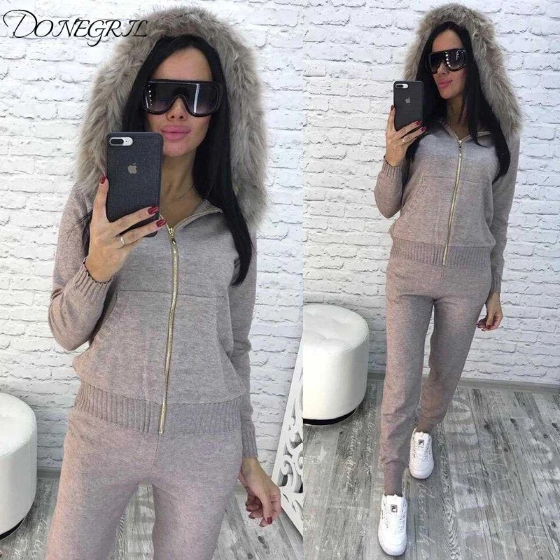 New Women's set Faux fur collar long sleeve hooded casual knit suit fashion slim explosions knitted trousers two-piece Plue size | Женская