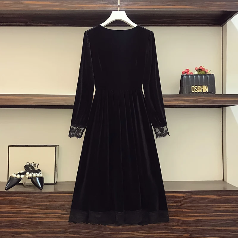 Зимнее винтажное кружевное лоскутное бархатное черное вечерние платья размера