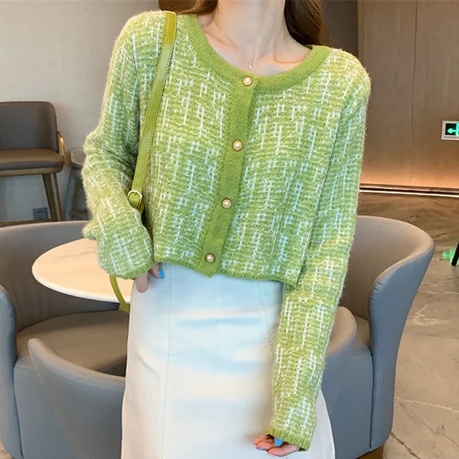 

Винтажный однобортный Кардиган с жемчугом, свитер, женский элегантный осенний трикотажный кардиган с круглым вырезом и длинным рукавом, же...