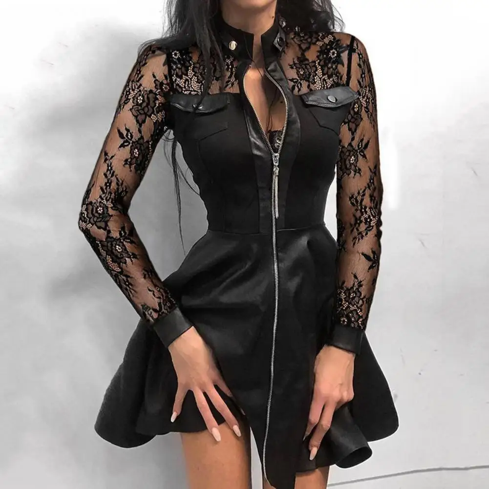 

Lady Dress Zipper All Match Soft Print Loose Hem Sexy Dress Mini Dress for Work