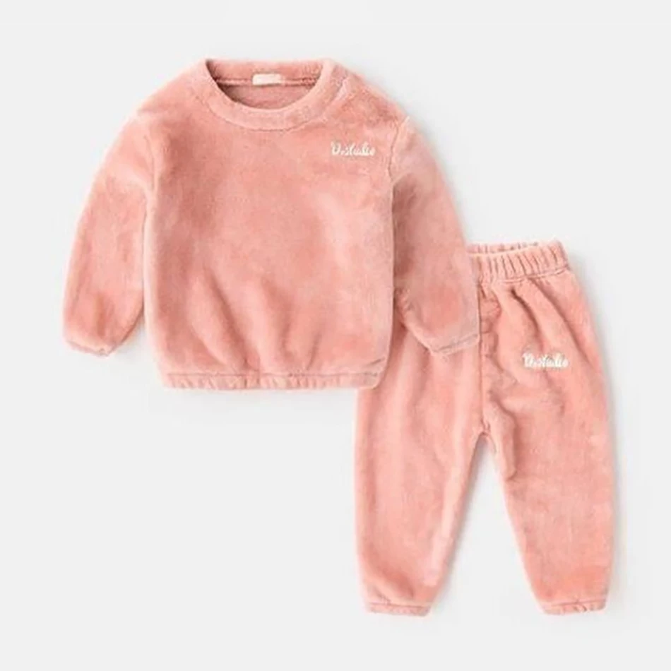 

2021 New Winter Tops + Pants 2Pcs Set Solid Color Flannel Clothing Kids Warm Outfits Boys Girls Warm Fleece Tracksuit Children