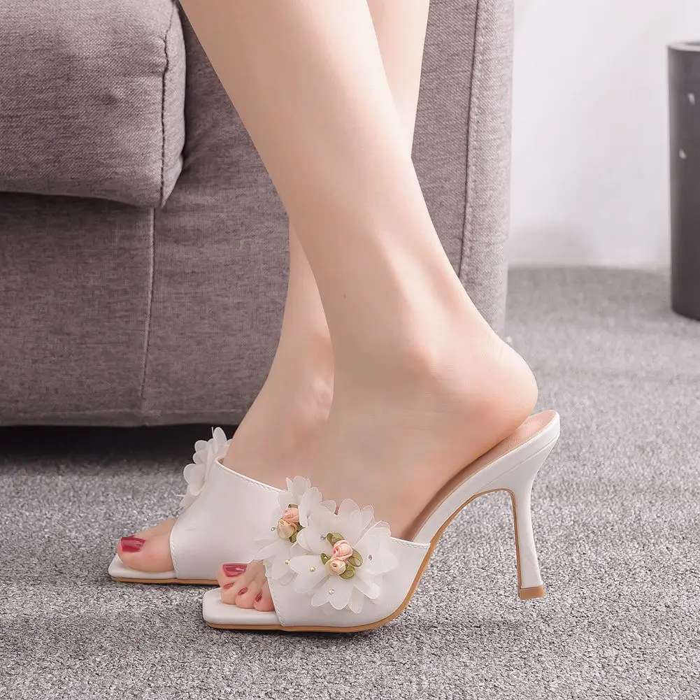 

2021 Sexy Mules Shoes Women SquareThin High Heel Slippers Women Summer Square Toe Slides Ladies Shoes White Sandals H0137