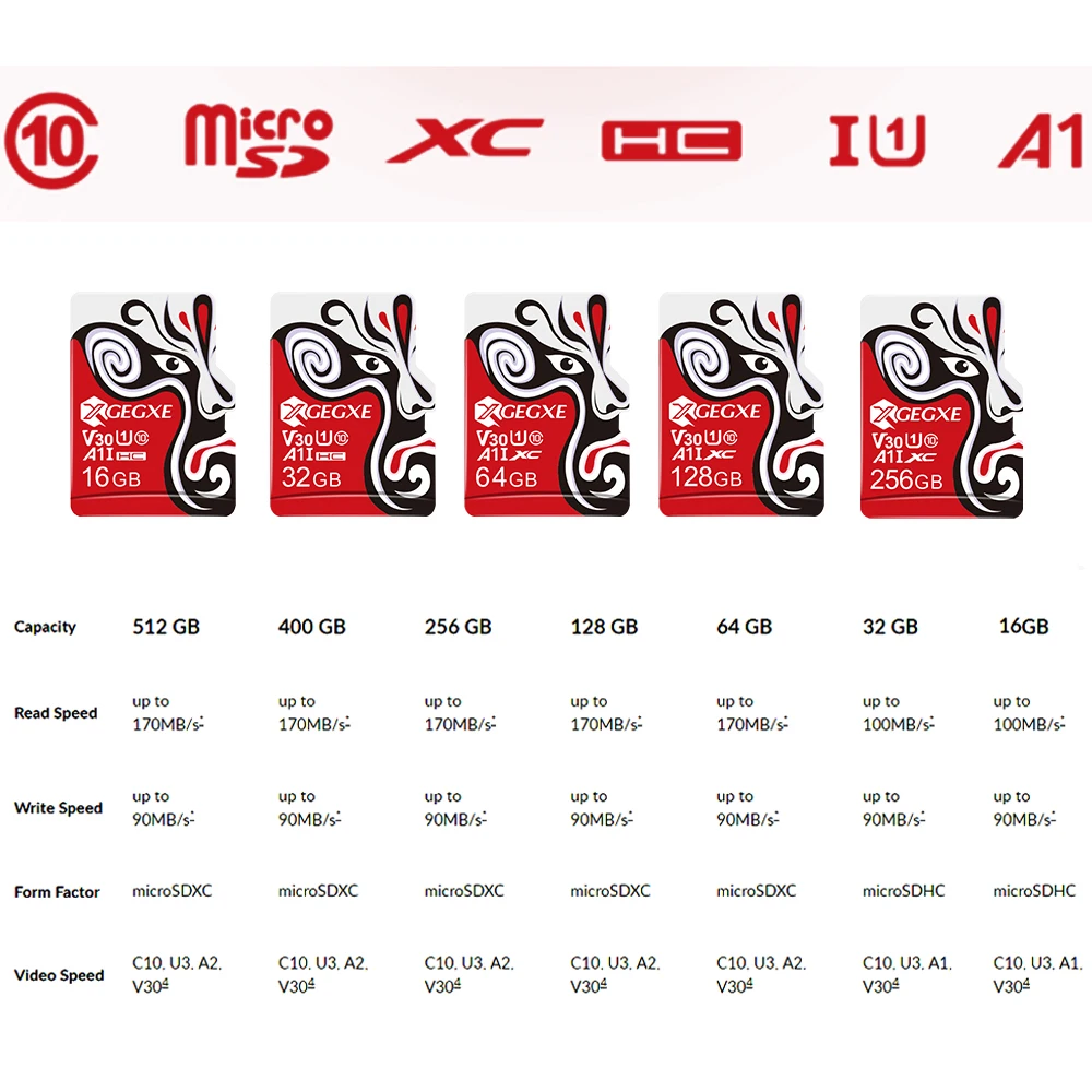 XGEGXE карта памяти, 8 ГБ, 16 ГБ, 32 ГБ, 64 ГБ, 128 ГБ, 256 ГБ, 512 ГБ, Micro SD карта C10, TF карта, флеш-накопитель для смартфонов