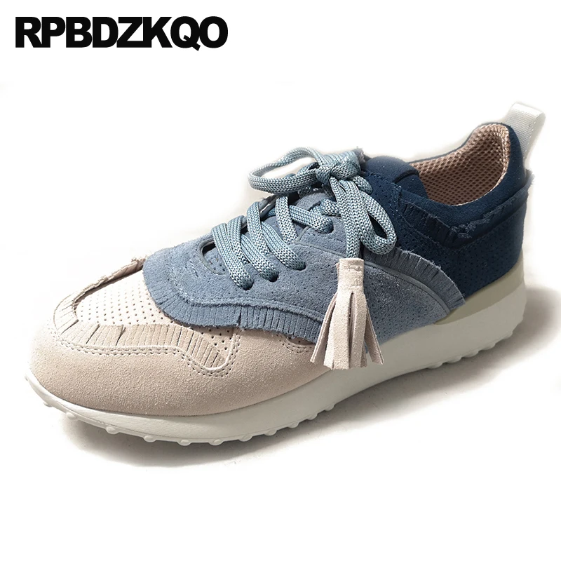 Кроссовки женские синие из натуральной кожи с кисточками на толстой подошве 2021 |