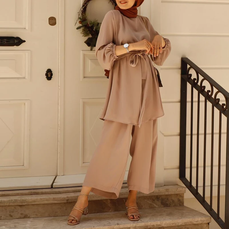 

Abaya Turkey Hijab Two-piece Muslim Sets Dress Islamic Clothing Abayas For Women Musulman Ensembles HH433