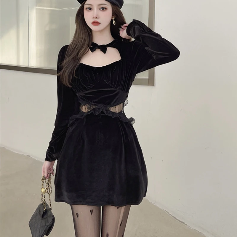 

Design velvet long-sleeved round neck lace Elegant dresses for women high waist slim royal elder sister style solid color skirt