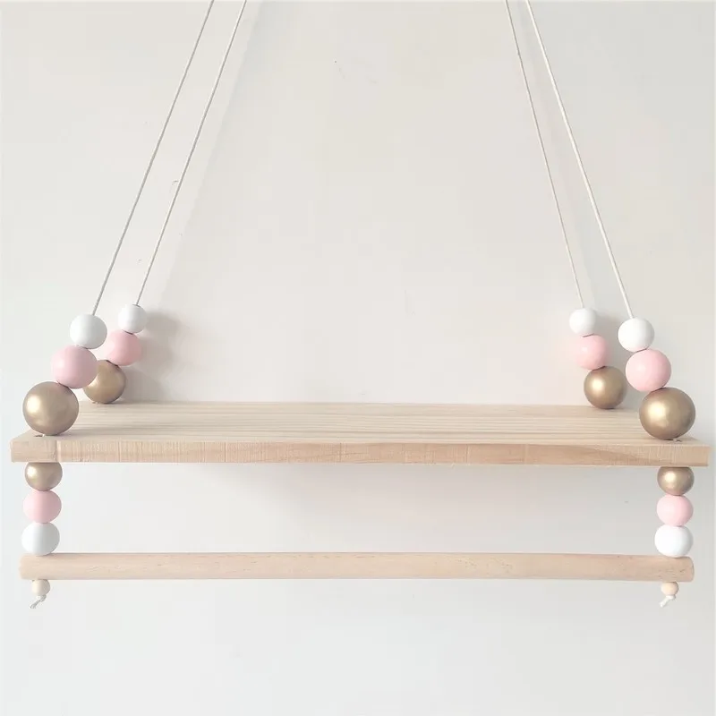 

Nordic Style High-end Custom Wooden Bead Double Shelf Children's Room Soft Wall Decoration Shelf Home Decor