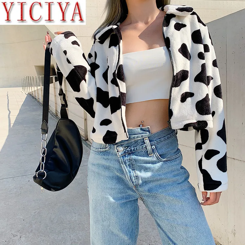 

womens jackets Fur Coats For Women Cow Print Teddy Jacket Modis Longslive Zipper Casual Warm Autumn Winter Harajuku Coat Female