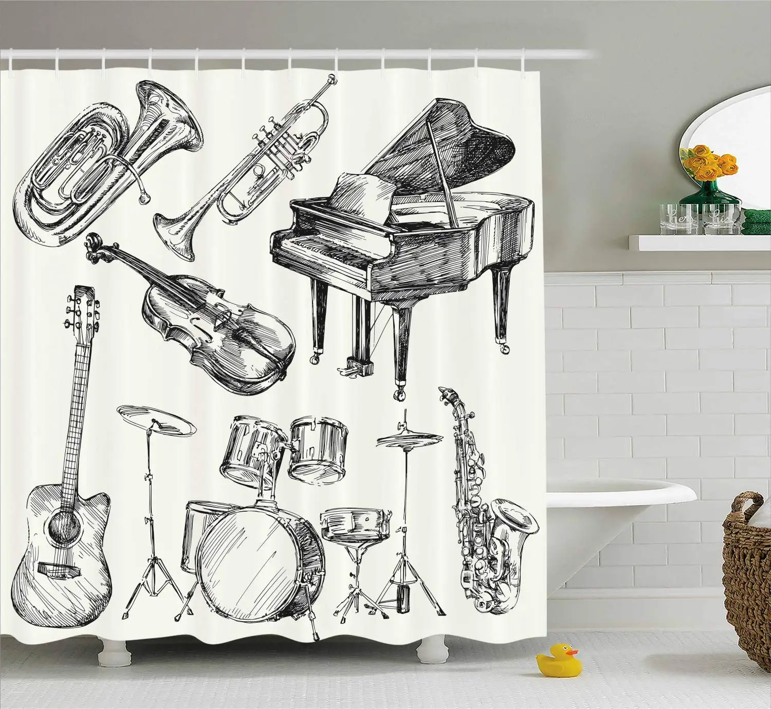 Джазовая музыка занавеска для душа иллюстрация музыкальных инструментов эскиз