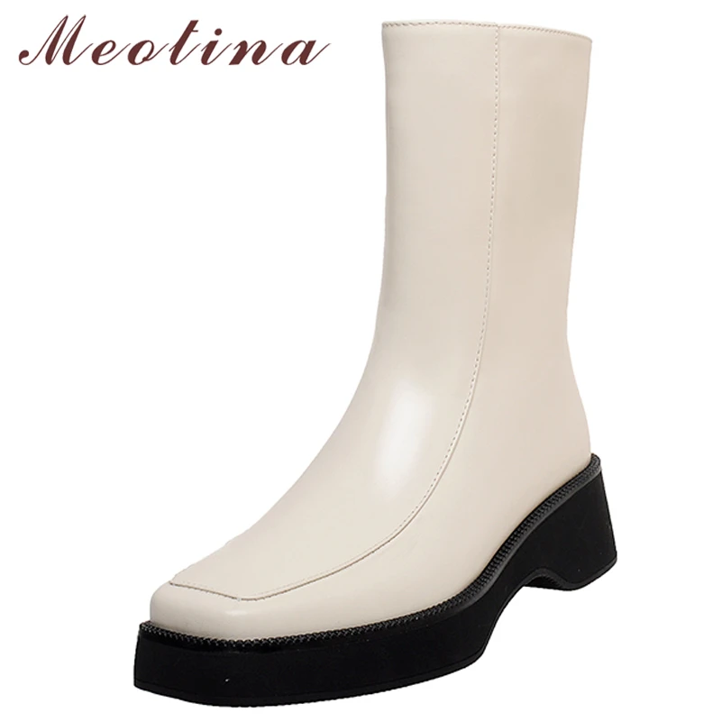 Женские ботинки Meotina, зимние белые ботинки из натуральной кожи, на среднем каблуке, с квадратным носком, на молнии