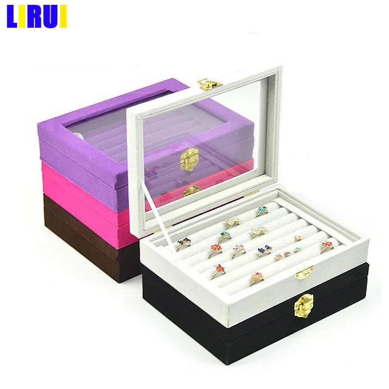 Jewellery Organizer With Clear Glass Lid Wrapped High Level Various Colors Velvet