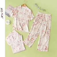 2020 autumn womens pajamas satin printed short sleeved multicolor flower homewear casual viscose comfortable plus size pajamas