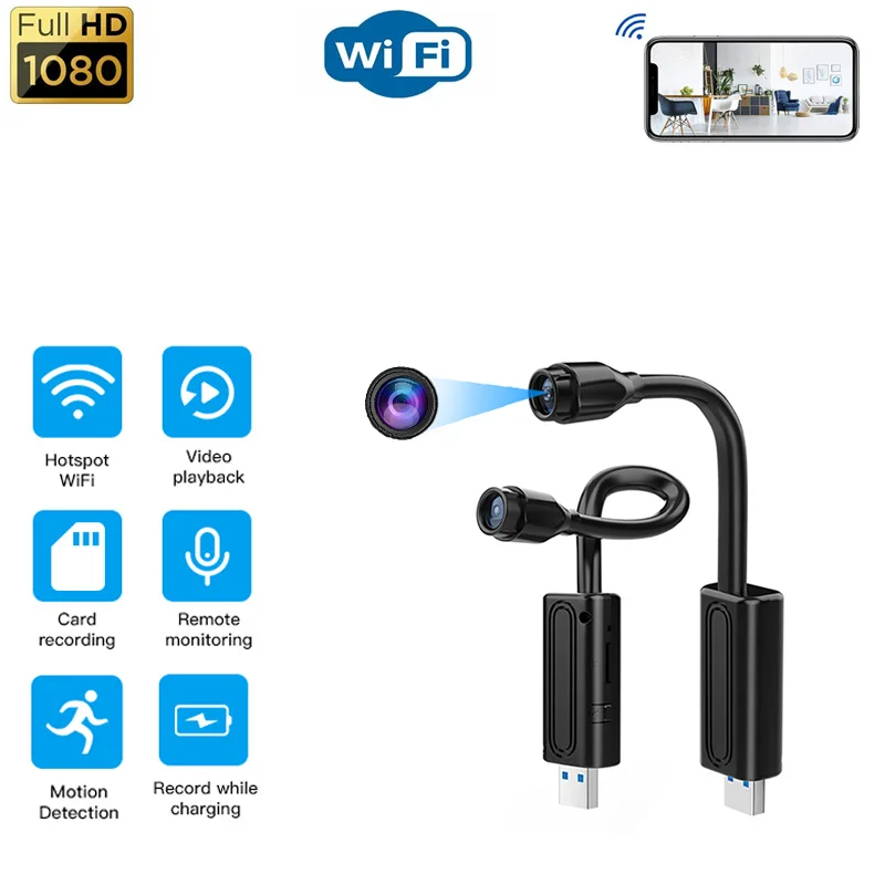 

USB Flexible Adjustable Wireless IP Surveillance Camera HD USB Plug-in Wifi Mini Camera Voice&Video Recording Remote Monitoring