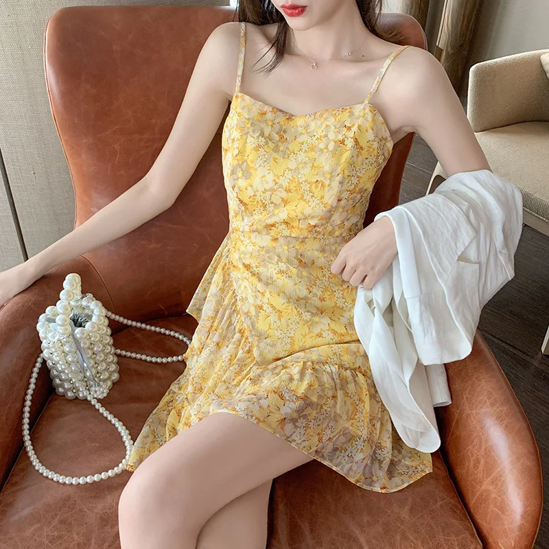 

Floral Print Spaghetti Strap Dresses for Women 2021 Sumemr Korean Fashion Temperament French Style Dress Casual Vacation Outfits