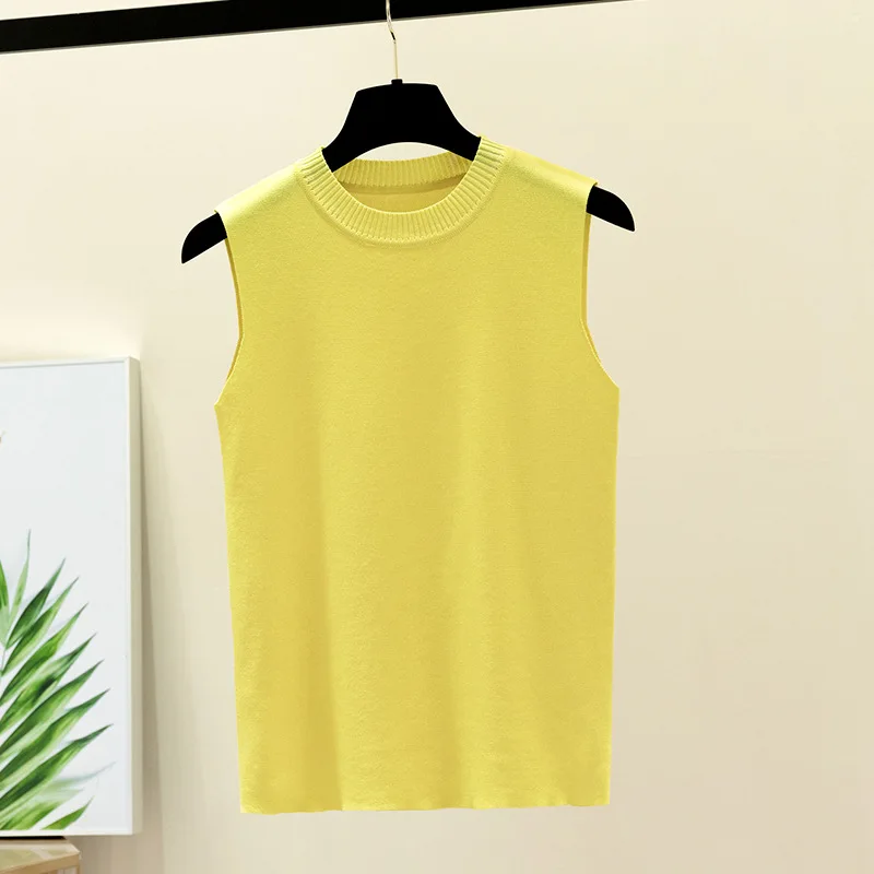Желтый вязаный свитер жилет тонкая женская трикотажная одежда без рукавов для