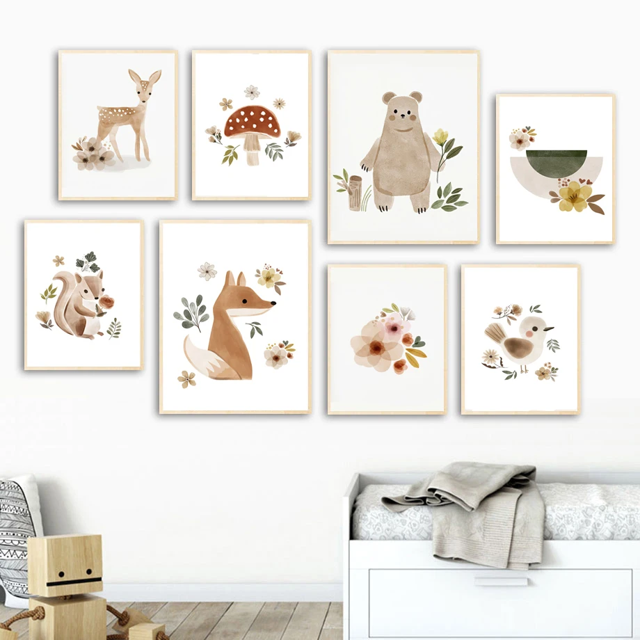 

Watercolor Fox Deer Bear Squirrel Mushroom Leaf Wall Art Canvas Painting Nordic Posters And Prints Wall Pictures Kids Room Decor