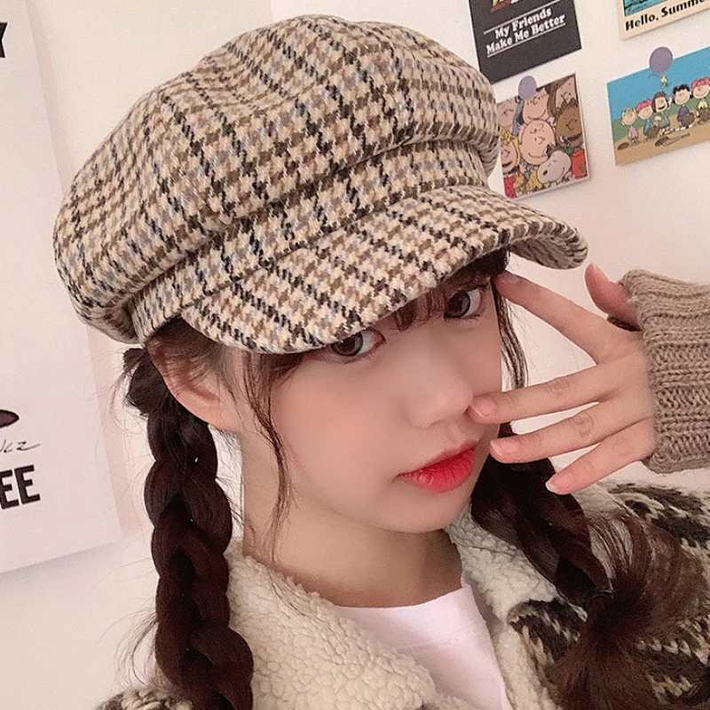 

HT2883 Women Berets Vintage Plaid Artist Painter Hat Women Octagonal Newsboy Cap Retro Autumn Winter Wool Hat Female Beret Hat