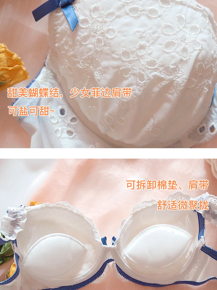 Soft Girl Fresh Lolita Hollow Out Petals Lace Embroidery Underwear Set Cute Sweet Ruffle Women White Underwire Bra & Panties Set